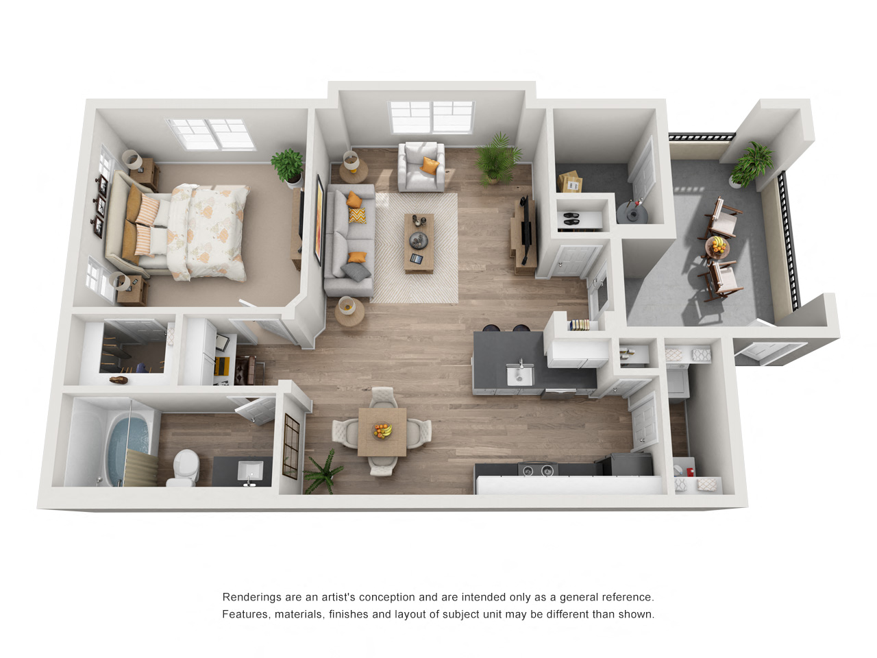 Floor plan for 1 bed, 1 bath, 694 sqft